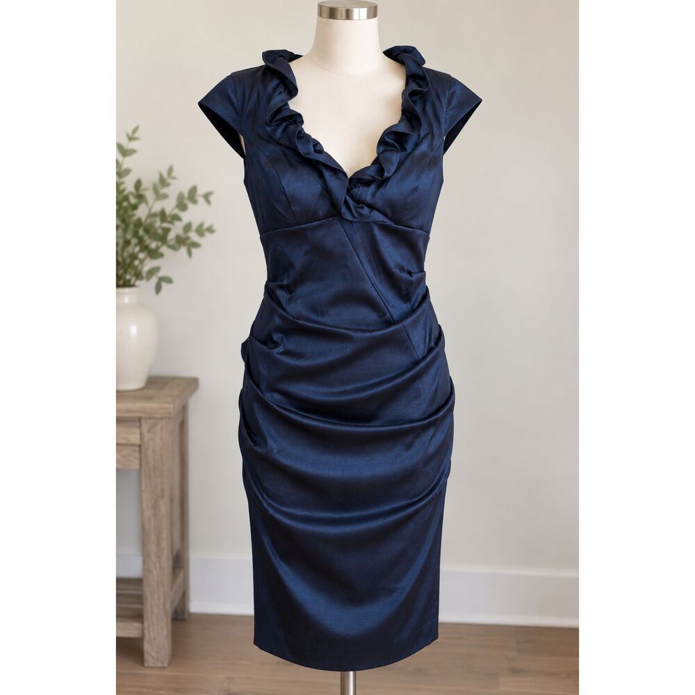 DJ-JAZ Dress FITS 12 tagged 16 Navy Blue Ruched Ruffle V Neck Cocktail Sheath